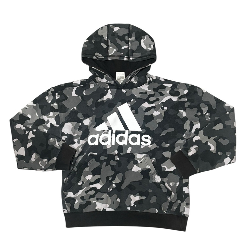 Adidas Youth Black/Grey Camo Allover Print Pullover Hoodie XL Used